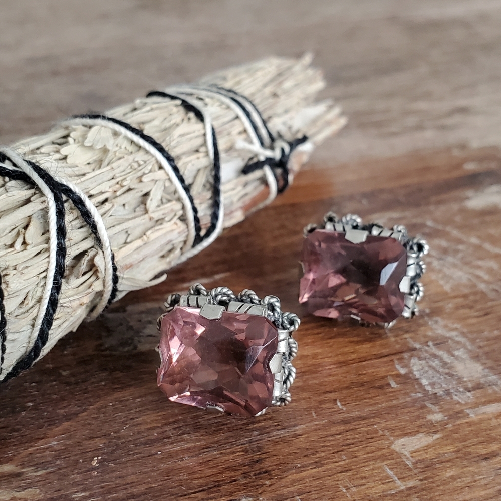 vintage sterling silver clip filigree pink stone earrings